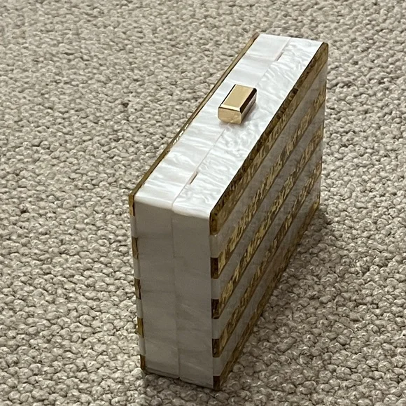 Gold and White Striped Clutch w/Gold Crossbody Chain Strap from Like Dreams - Picture 6 of 16